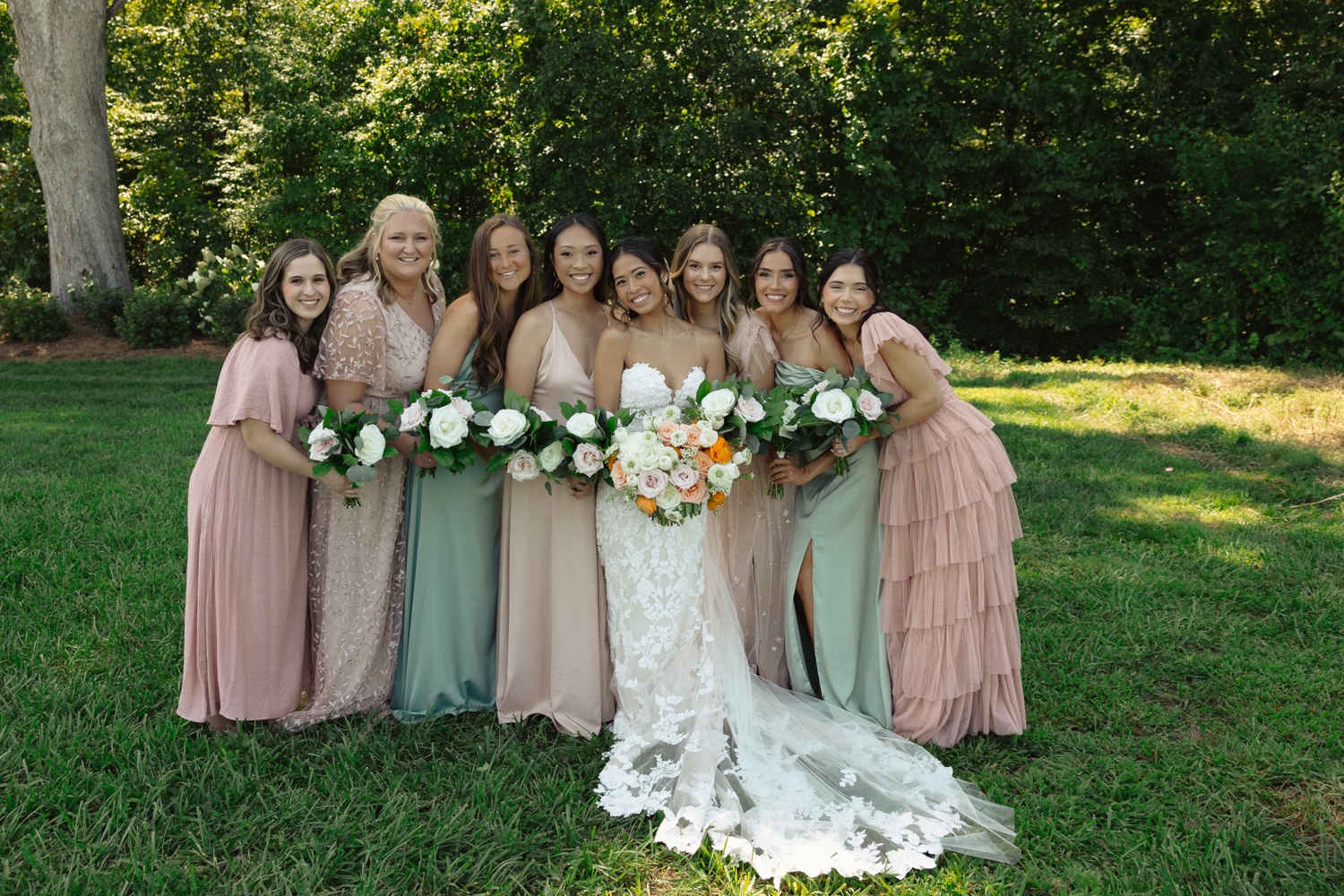 bridal party with different dresses Mismatched Bridesmaid Dresses: How to Achieve a Cohesive Look