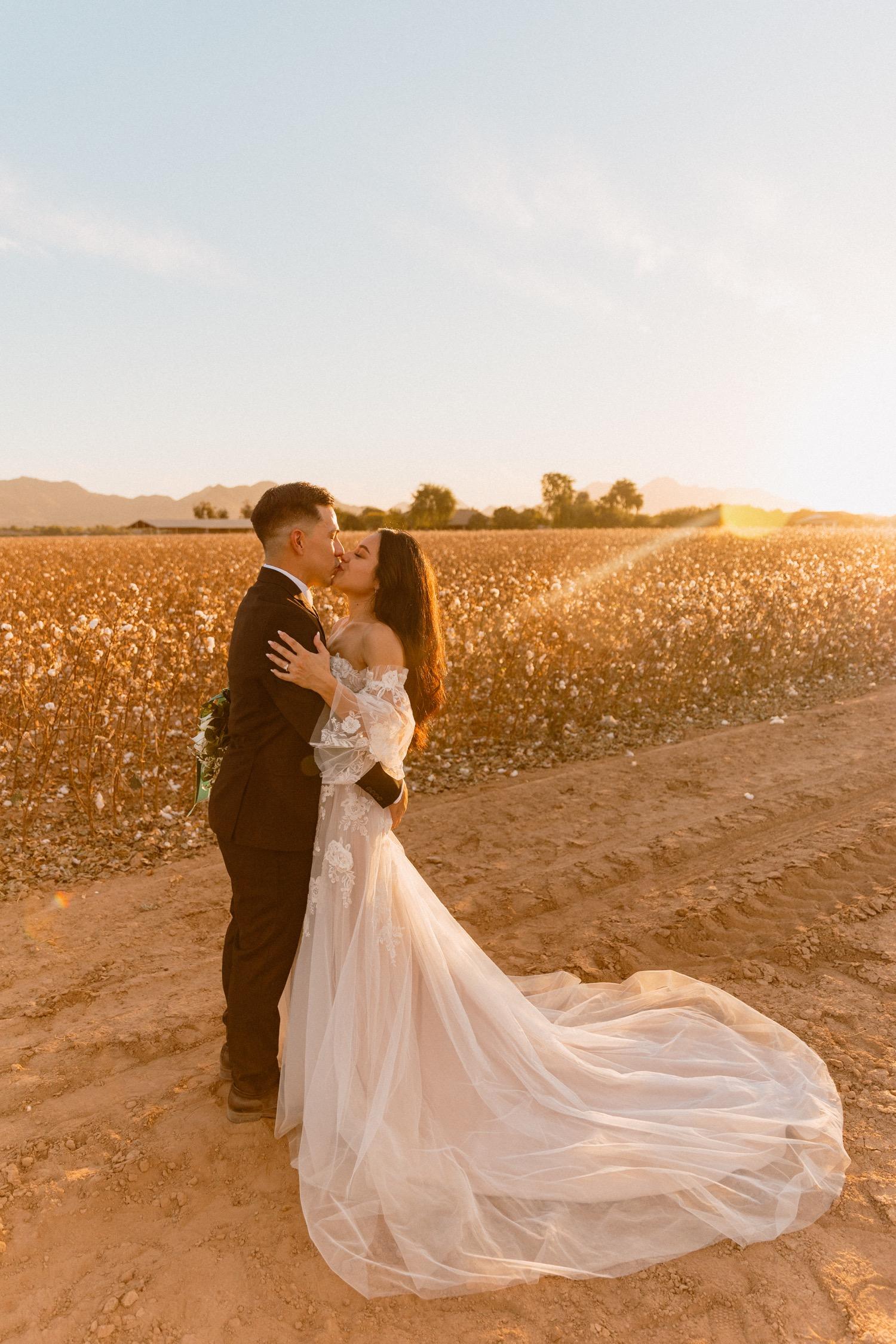 Fairytale natural backyard wedding photos taken during golden hour with the bride and groom poses on their big day in Gilbert Arizona