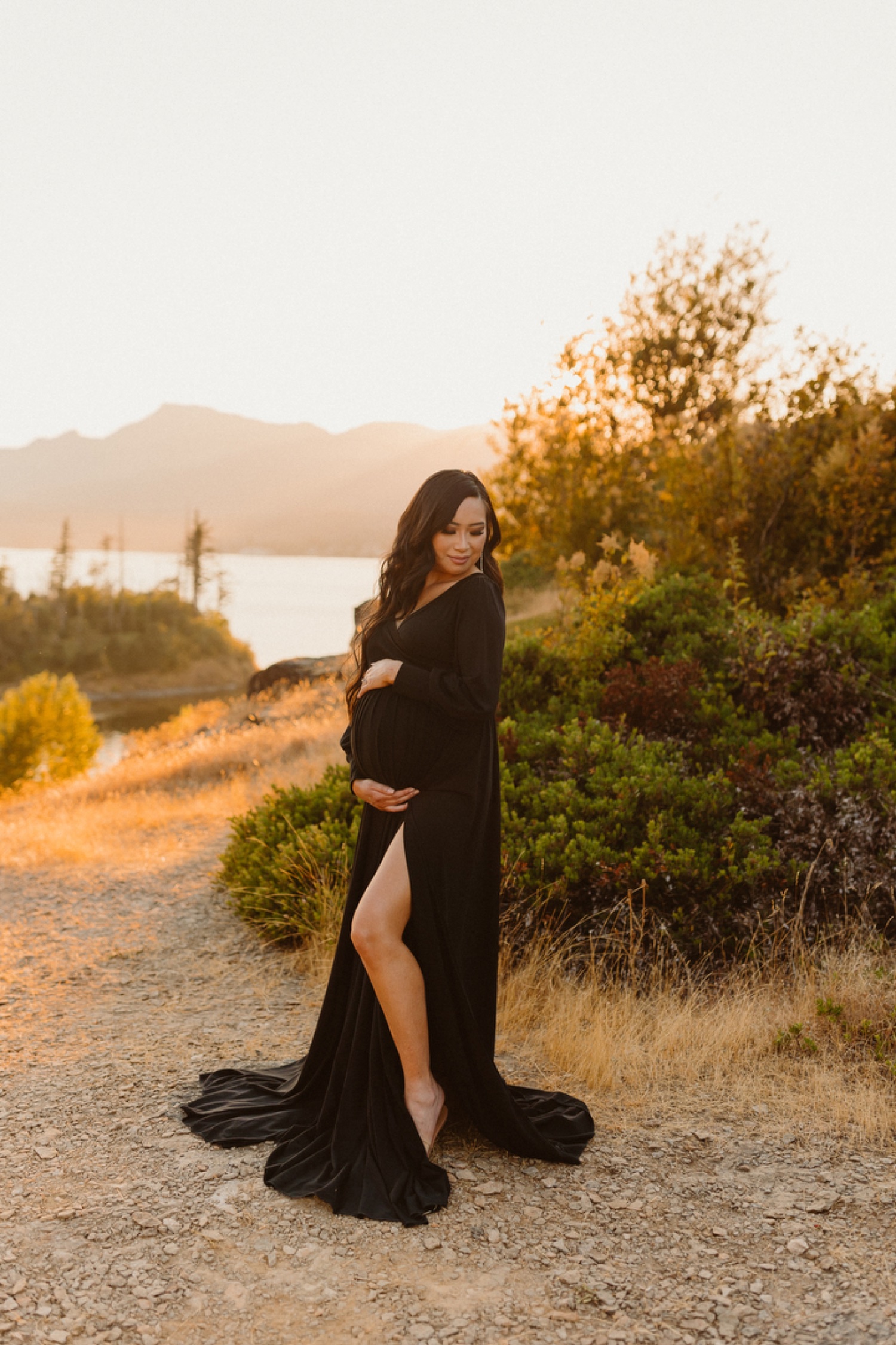 mac duggal black dress long sleeve Black Jersey Long Sleeve High Neck Feather Gown